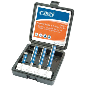 The Draper Extra Long Router Bit Set (4 Piece) - RB26 comes in a black carrying case and is designed for use on kitchen laminate worktops. This set includes extra long router bits, making it ideal for professional kitchen fitters.