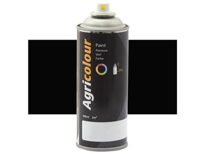 A 400ml can of Sparex Agricolour Black Gloss aerosol paint (Sparex Part Number: S.90003), designed for use on farm equipment and machinery. The label shows a coverage area of 2m² and includes instructions in multiple languages. Perfect for giving metal surfaces a durable gloss finish.