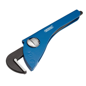 The Draper Adjustable Pipe Wrench, 225mm, with a 45mm jaw capacity—a vibrant blue tool featuring black, drop-forged jaws and a serrated gripping area—is designed for maximum grip while turning pipes or fittings.