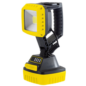 The Draper Cob LED Rechargeable Worklight, 10W, RWL/1000/Y offers exceptional brightness with its 1000 lumen output COB work light. This yellow handheld spotlight features a convenient handle and comes with a charging base, powered by two 2.2Ah batteries.