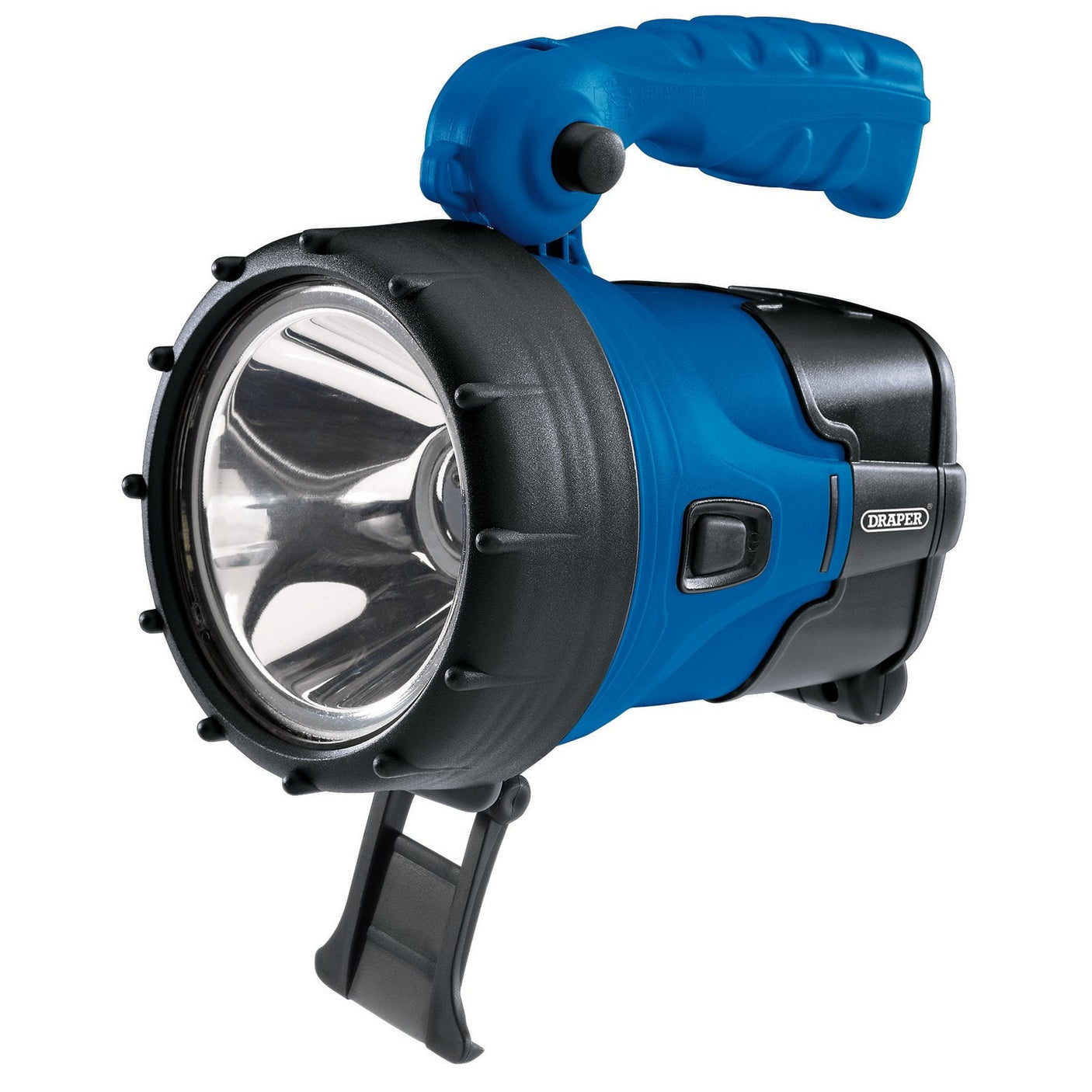 A Draper Cree LED Rechargeable Spotlight, 5W, 360 Lumens - RLED5 featuring a blue handheld design with a black handle, protective rubber bumper, shock-resistant construction, and a stand at the base.