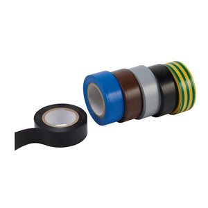 The Draper Insulation Tape, 10M X 19mm, Mixed Colours (Pack Of 6) - 619/6 includes six rolls of colored electrical tape: black, blue, brown, gray, black, and green-yellow striped. Made from durable PVC and complying with BS7671 safety standards, this set is essential for any electrical work.