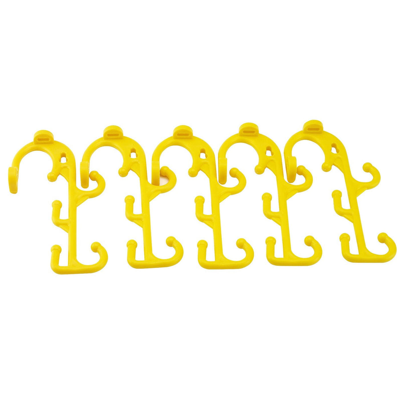 Five Draper Festoon String Light Hooks (AFLS10) in yellow plastic, featuring variously sized hooks, are aligned in a row—perfect for organizing tools on building sites.