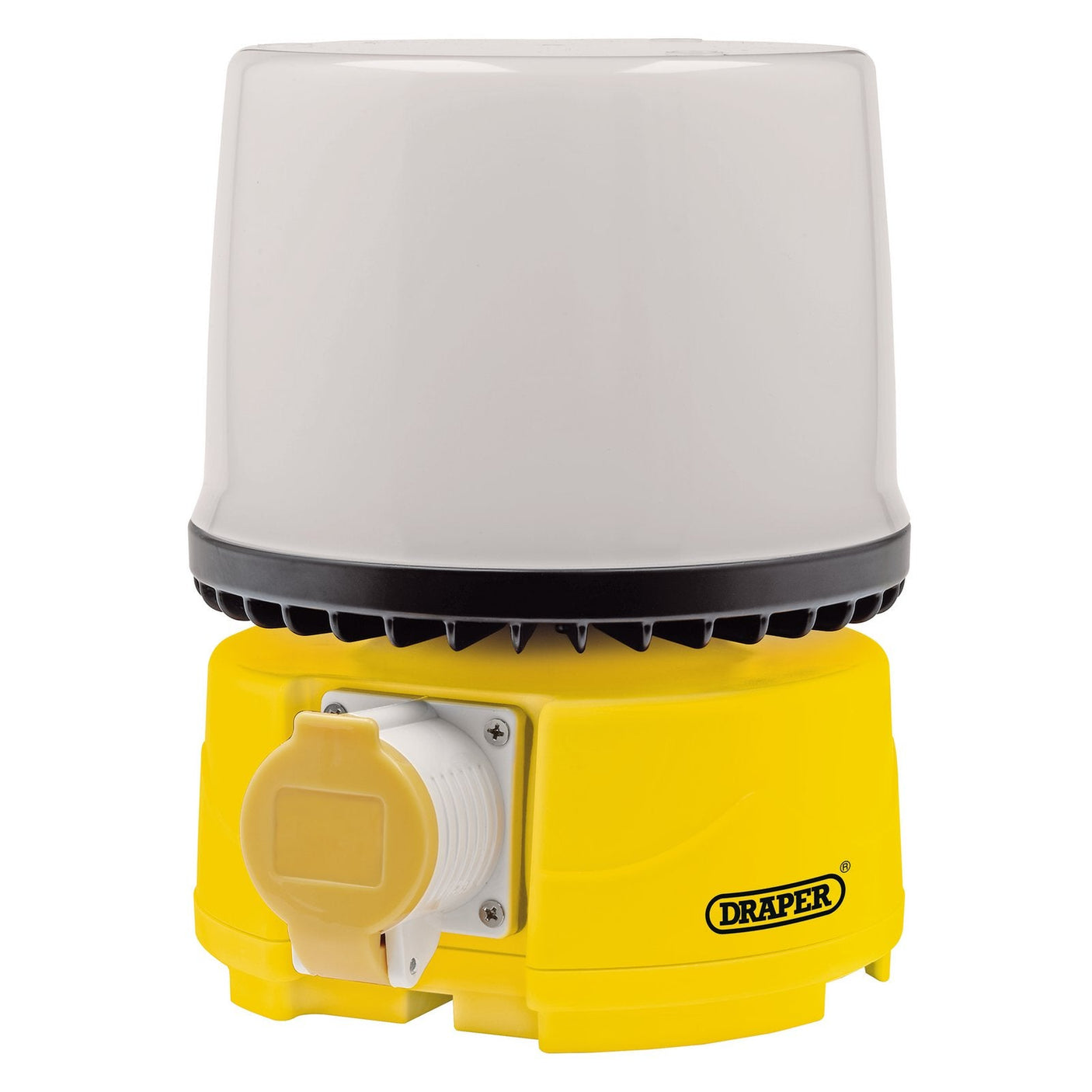 A yellow and black Draper 110V SMD LED 360° Sitelight, 30W - SL360/30 featuring a white dome-shaped cover and a built-in electrical socket, perfect for building sites using 110V power tools.