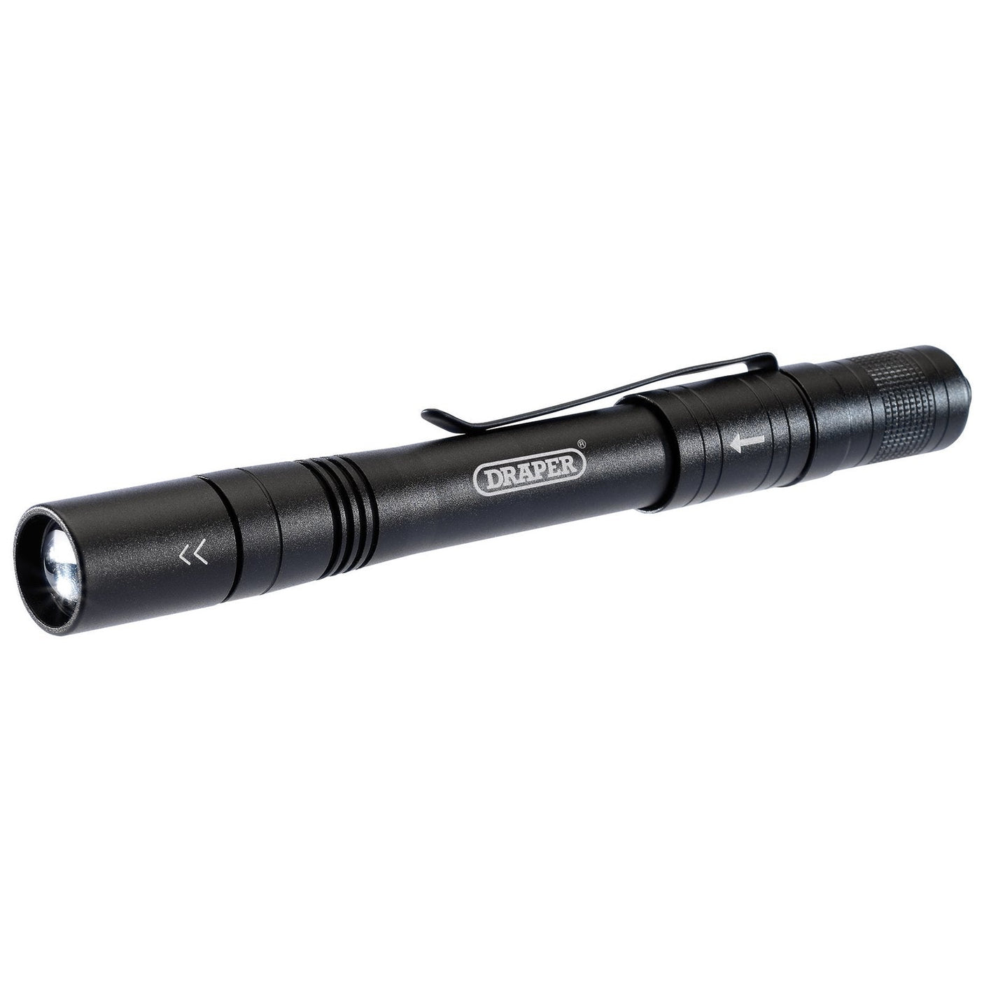 A Draper LED Rechargeable Aluminium Penlight (1W - RPL1) in black, featuring a pocket clip, LED lumens, and a textured grip near the base.