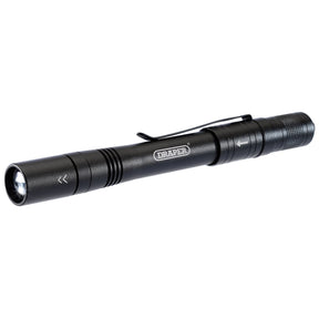 A Draper LED Rechargeable Aluminium Penlight (1W - RPL1) in black, featuring a pocket clip, LED lumens, and a textured grip near the base.