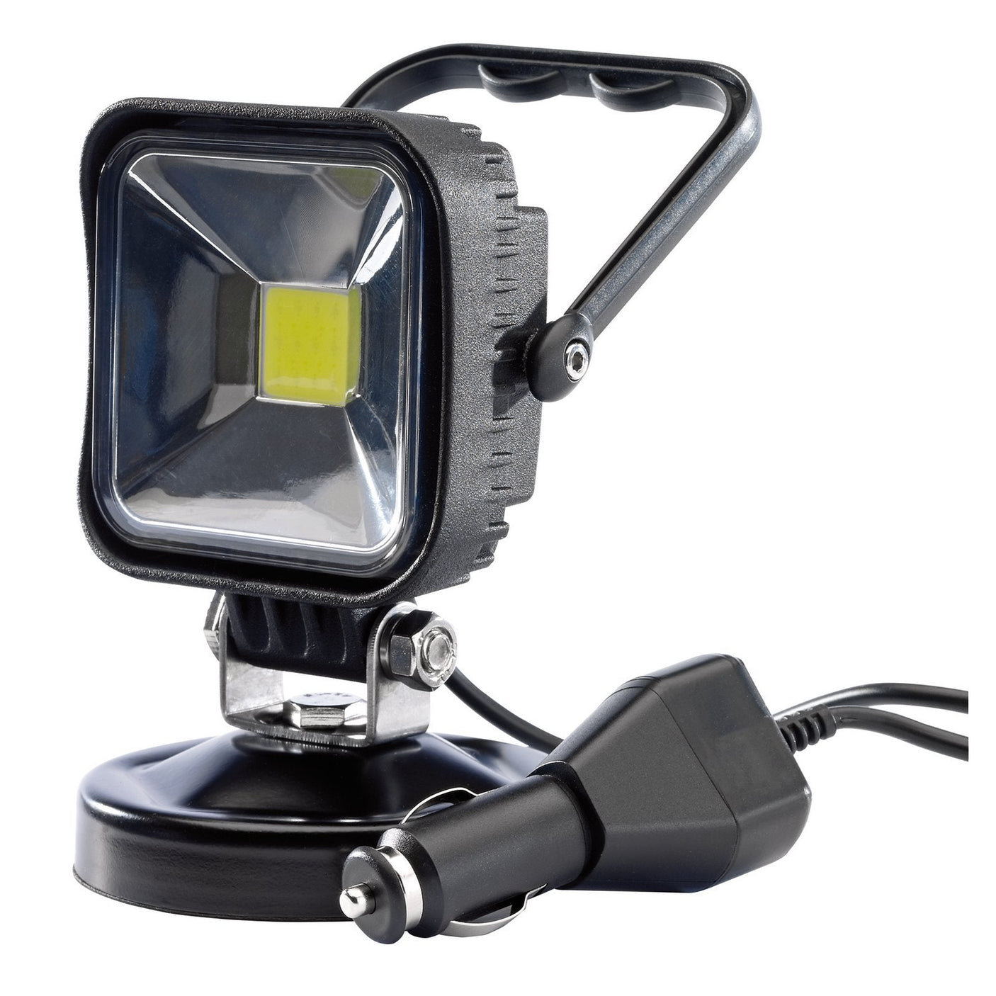 The Draper 12V Cob LED Magnetic Base Worklight, 10W, 600 Lumens - MWL/12, is a portable square COB LED work light equipped with a handle, mounted on a magnetic base, and connected to a car cigarette lighter plug via a cable.