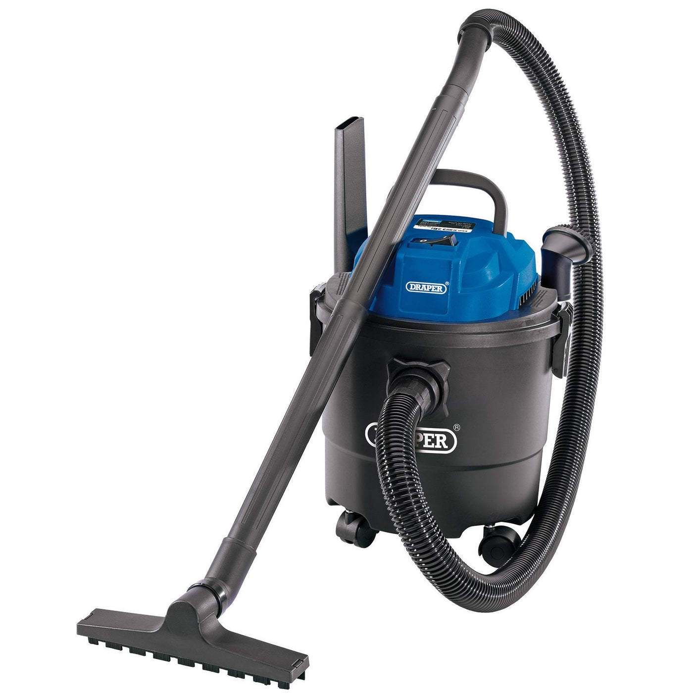 The Draper 230V Wet & Dry Vacuum Cleaner, model WDV15P, is a powerful tool featuring a black and blue design with a 15L tank volume. It comes with a large hose attachment and a flat vacuum head for efficient cleaning, all supported by wheels for easy maneuverability. With its 1250W motor, this vacuum cleaner is perfect as a DIY garage tool.