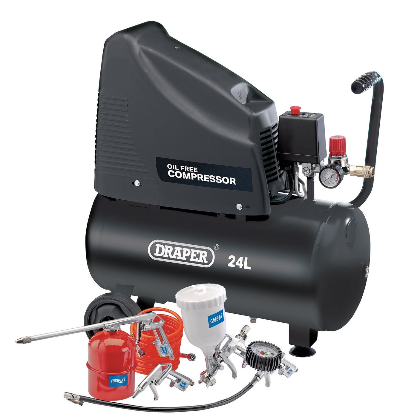 Image of the Draper 230V Oil-Free Compressor and Air Tool Kit, 24L - DA25/19/K. This portable compressor, labeled "Draper," comes with a multi-application air tool kit that includes hoses, a spray gun, and other fittings.