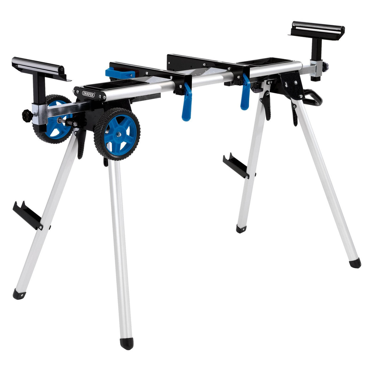 The Draper Mobile Extending Mitre Saw Stand - MSSM168D is a lightweight steel and aluminum stand in white and silver with blue details. It features height-adjustable work-support rollers, wheels for mobility, and a sturdy frame, making it perfect for any job site.