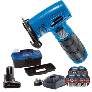 The Draper Storm Force® 10.8V Angle Grinder/Cut-Off Tool Kit - Tool Kit 1 (PTKSF10.8GCOK1) includes a cordless angle grinder with attachments, charger, discs, an additional 10.8V Power Interchange battery, and a convenient carrying case.