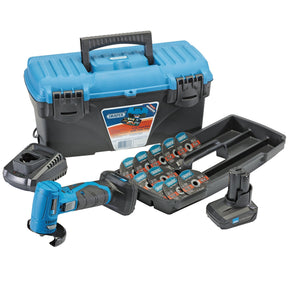 A blue and black Draper Storm Force® 10.8V Angle Grinder/Cut-Off Tool Kit - Tool Kit 2 (PTKSF10.8GCOK2) featuring a cordless angle grinder with an ergonomic soft grip handle, a 10.8V Power Interchange charger, battery, carrying case, and several grinding discs.