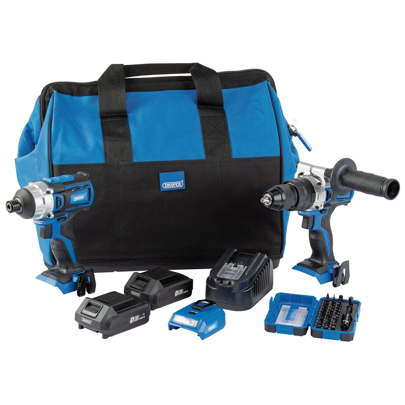 The Draper D20 Fix 'N' Go Kit (2 Piece), PTK8/D20, includes a blue and black power tool set featuring a brushless combi drill, an impact driver, two 2.0Ah batteries, one charger, drill bits, and a convenient carrying bag.