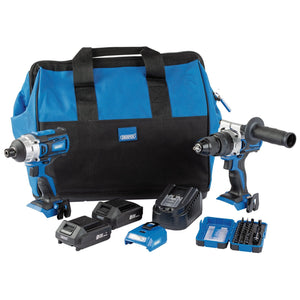 The Draper D20 Fix 'N' Go Kit (2 Piece), PTK8/D20, includes a blue and black power tool set featuring a brushless combi drill, an impact driver, two 2.0Ah batteries, one charger, drill bits, and a convenient carrying bag.