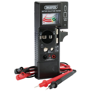 Introducing the Draper Battery, Bulb, Fuse And Continuity Tester - BBFC2 by Draper: This versatile tester features a needle gauge, multiple ports, switches, and red and black test probes attached via colored wires. It excels in household and automotive fuse testing, making it an essential tool for various electrical diagnostics.