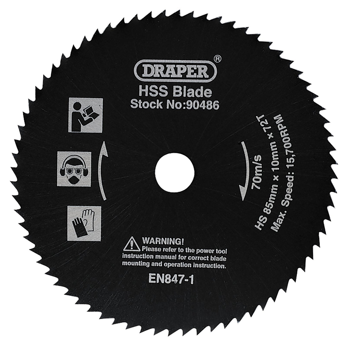 The black, circular Draper HSS Saw Blade (CSB85P/HSS) from the Draper brand features safety symbols and specifications of 85mm x 10mm x 12T, with a maximum speed of 15,700 RPM. It includes a warning to read the manual before use and is compatible with dust extraction adaptors for cleaner cuts.