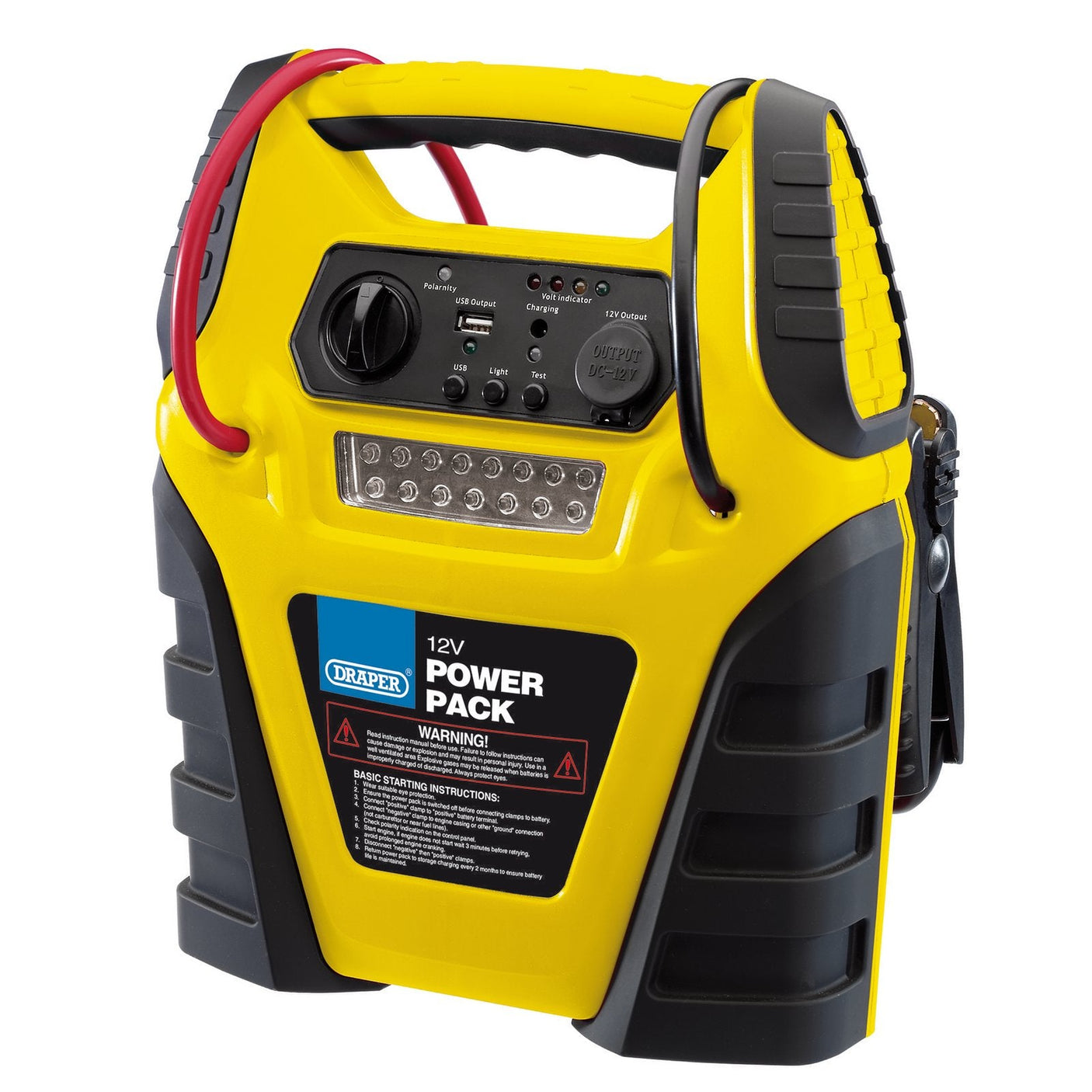 Introducing the Draper 12V Power Pack - PP12V17Y, a yellow and black powerhouse featuring cables, an LED light, and a control panel that includes a voltmeter and various switches. This versatile booster is perfect for all your emergency power needs.