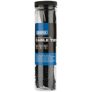 A cylindrical container labeled "Draper Assorted Nylon Cable Tie Pack (200 Piece) - CTT1" holds robust black and white cable ties in varying sizes, ideal for home use.