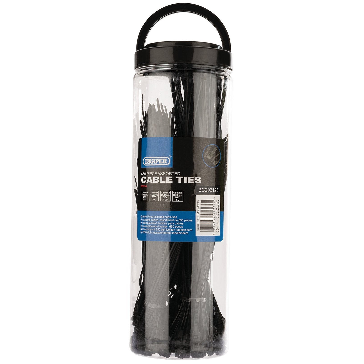 A clear plastic container with a black lid holds an assortment of robust Draper Assorted Nylon Cable Ties (Pack Of 650) - CTT2. The label provides product details and images.