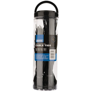 A clear plastic container with a black lid holds an assortment of robust Draper Assorted Nylon Cable Ties (Pack Of 650) - CTT2. The label provides product details and images.