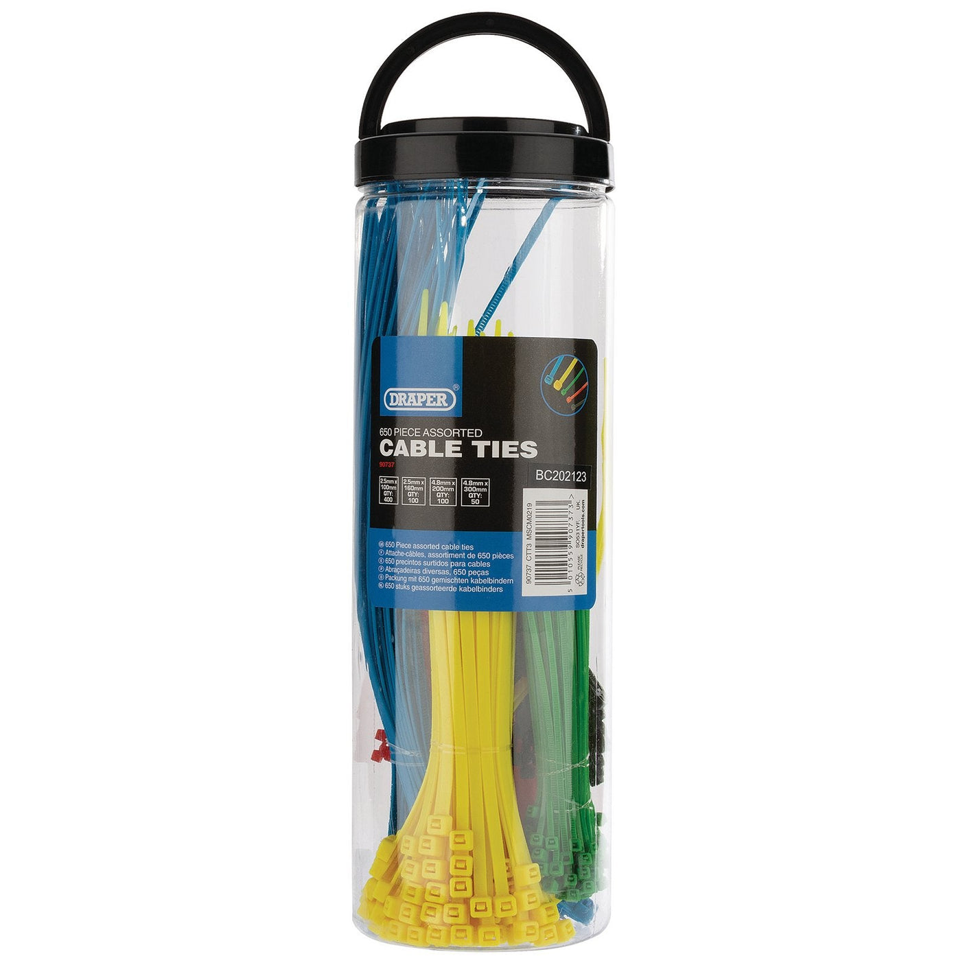 A robust cylindrical plastic tube of Draper Assorted Coloured Nylon Cable Ties (Pack Of 650) - CTT3. The ties come in various colors including blue, yellow, green, and black. The container features a black handle on top for easy carrying.