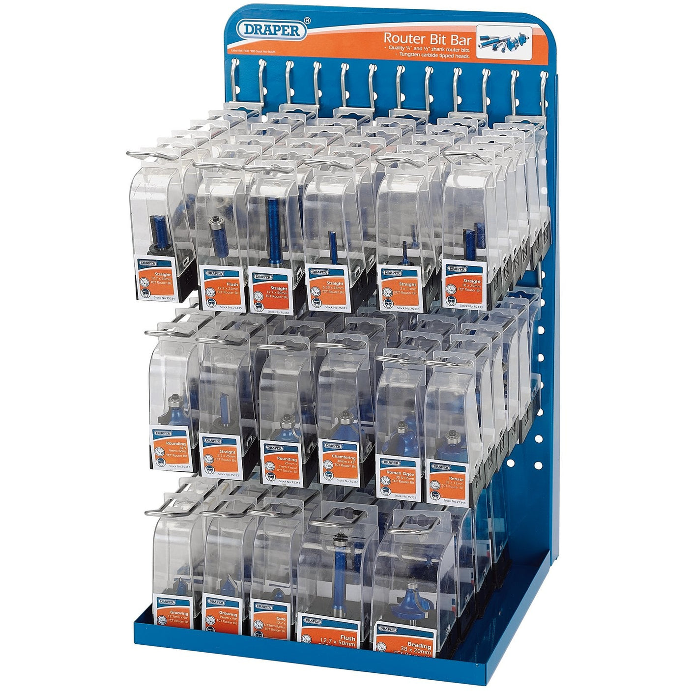 The Draper Router Bit Dispenser, complete with 98 assorted router bits, neatly showcases multiple rows of twin flute router bits in plastic cases, each labeled "RBS.