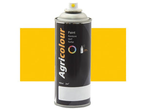 A 400ml can of Agricolour Yellow Gloss Finish paint, Sparex Part Number S.91003, displaying instructions for use. The aerosol can features a sleek black design with multilingual text.