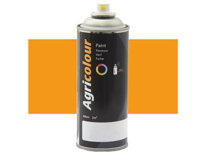 A 400ml can of Sparex's Agricolour Golden Yellow Gloss aerosol spray paint (Sparex Part Number: S.91004), displayed against an orange background.