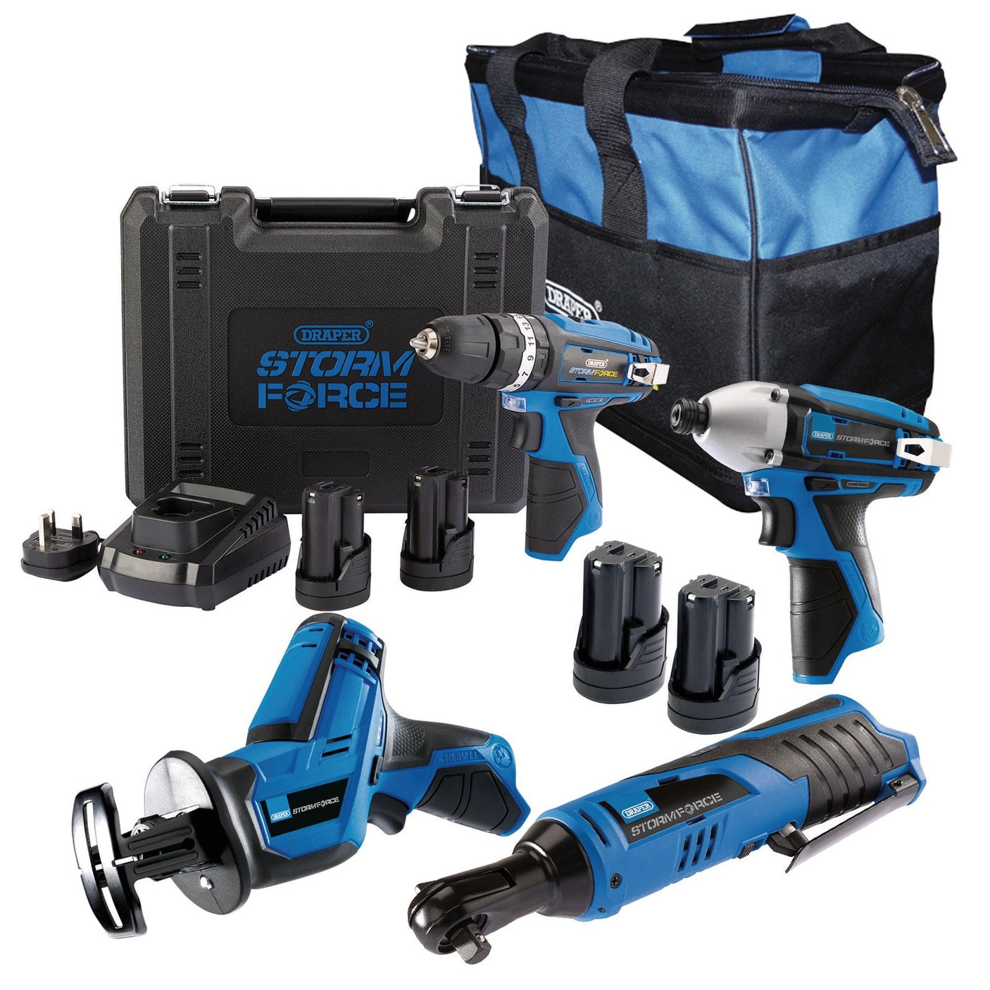 Draper 12V Drill, Drive And Cut Interchange Kit, 4 X 1.5Ah Li-Ion Batteries, 1 X Fast Charger And 1 X Tool Bag - PTK12V4+4 - Farming Parts