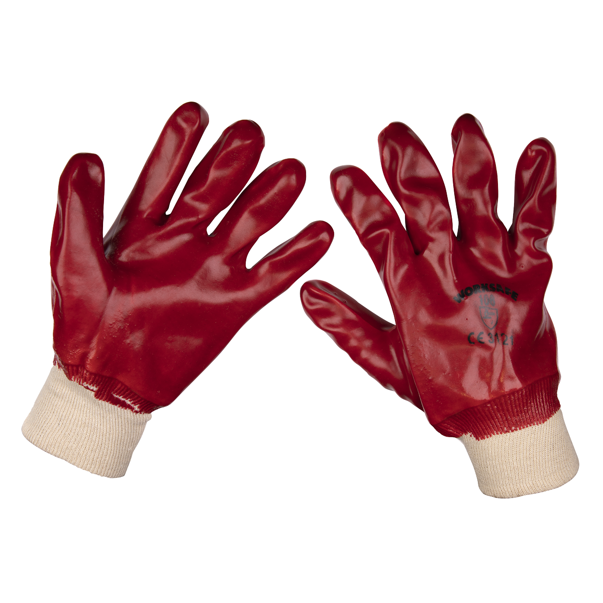 A Pack of 12 pairs of Sealey PVC Knit Wrist Gloves (Large) - 9106L/12, featuring red PVC dipped gloves with white knitted cuffs, offering excellent abrasion protection.