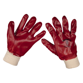 A Pack of 12 pairs of Sealey PVC Knit Wrist Gloves (Large) - 9106L/12, featuring red PVC dipped gloves with white knitted cuffs, offering excellent abrasion protection.