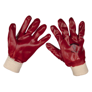 A Pack of 12 pairs of Sealey PVC Knit Wrist Gloves (Large) - 9106L/12, featuring red PVC dipped gloves with white knitted cuffs, offering excellent abrasion protection.