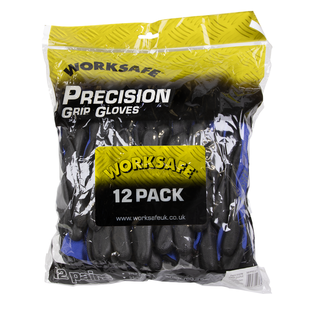 A 12-pack of Sealey Lightweight Precision Grip Gloves (Large) - 9117L/12, featuring a flexible wrist work glove design and polyurethane-coated palm for improved dexterity, sealed in clear packaging with yellow and black labels.