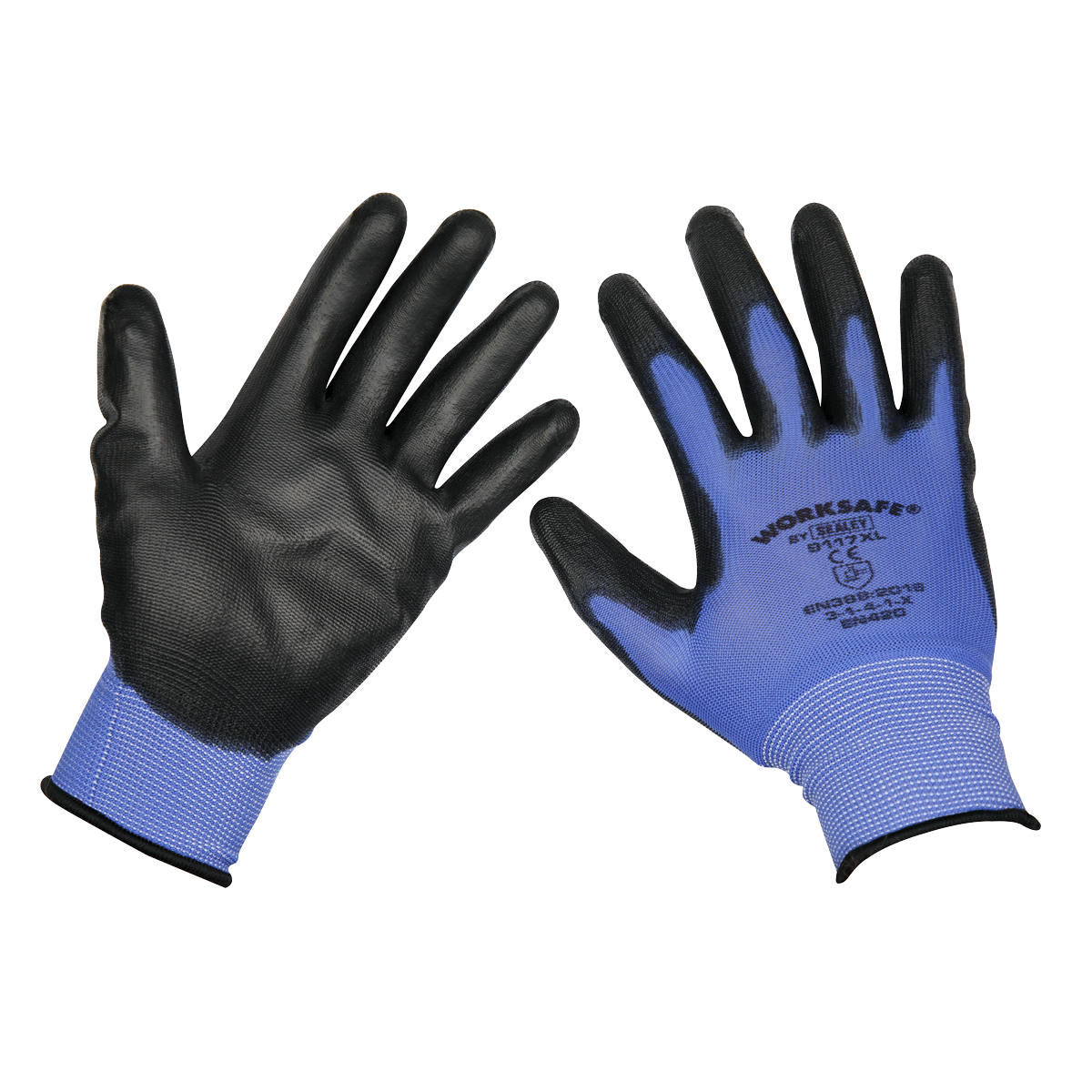 Two Sealey Lightweight Precision Grip Gloves (X-Large) - Pair - 9117XL are shown, designed for dexterity tasks. These blue and black gloves feature a polyurethane-coated palm for improved grip and durability, with text and safety symbols printed on the back. An elasticated wrist ensures a snug fit for comfortable use.