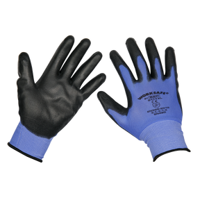 Two Sealey Lightweight Precision Grip Gloves (X-Large) - Pair - 9117XL are shown, designed for dexterity tasks. These blue and black gloves feature a polyurethane-coated palm for improved grip and durability, with text and safety symbols printed on the back. An elasticated wrist ensures a snug fit for comfortable use.
