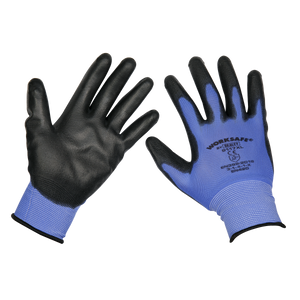 Two Sealey Lightweight Precision Grip Gloves (X-Large) - Pair - 9117XL are shown, designed for dexterity tasks. These blue and black gloves feature a polyurethane-coated palm for improved grip and durability, with text and safety symbols printed on the back. An elasticated wrist ensures a snug fit for comfortable use.