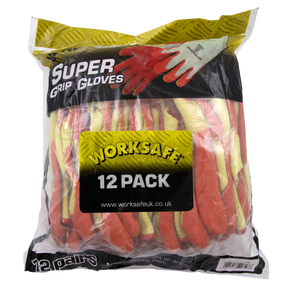 A pack of 12 pairs of "Sealey" Super Grip Knitted Gloves with superior grip, yellow wrists, and red palms, protected by a durable Latex coating, in clear plastic packaging. Product code: 9121L/12.