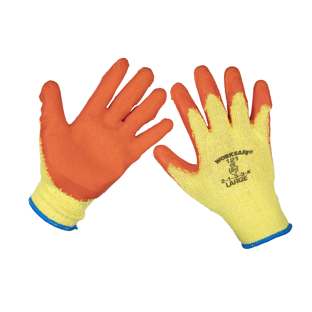 A pair of large Super Grip Knitted Gloves with a yellow base and an orange latex coating on the palms and fingers for superior grip. The brand name "Sealey" is printed on the back, providing excellent tear resistance.