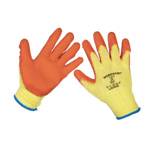 A pair of large Super Grip Knitted Gloves with a yellow base and an orange latex coating on the palms and fingers for superior grip. The brand name "Sealey" is printed on the back, providing excellent tear resistance.