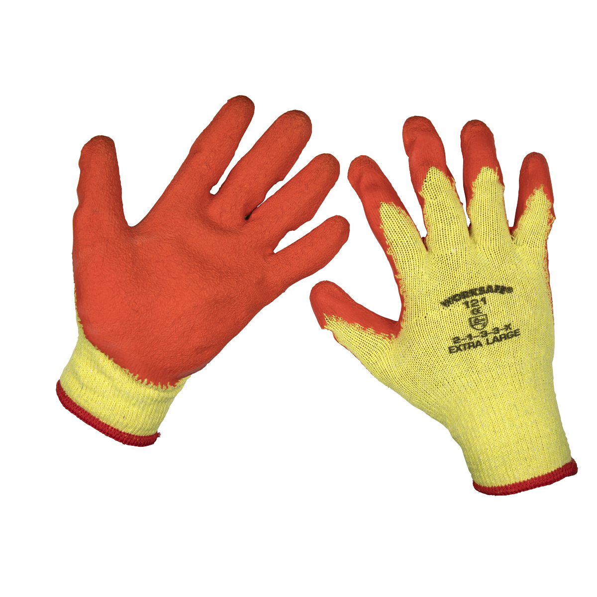 A pair of Sealey's Super Grip Knitted Gloves with orange latex-coated palms and yellow backs, labeled "X-Large" with text and symbols on the back of the left glove. The textured palms provide superior grip, while the durable latex coating ensures excellent tear resistance.