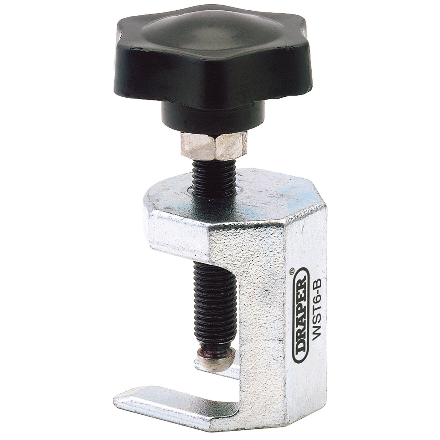 A metal hand vise labeled "Draper Windscreen Wiper Arm Removal Tool - WST6-B," featuring a black plastic knob on top, serves as an effective windscreen wiper arm removal tool. This well-crafted device ensures no damage to wiper arms during use.