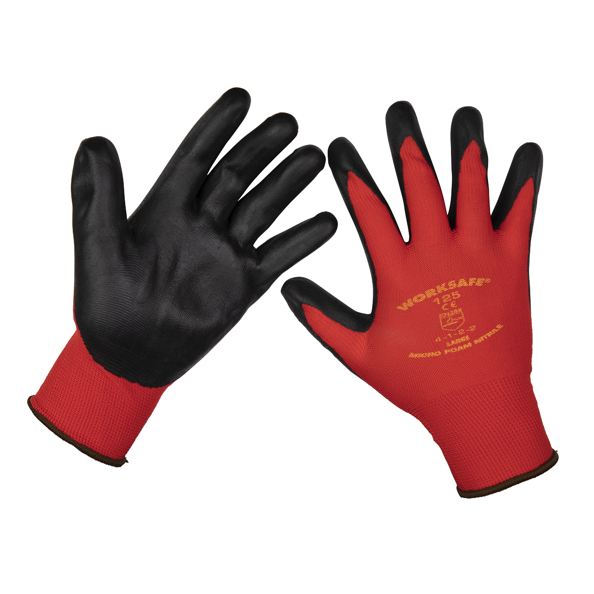 A pack of 120 pairs of large Sealey Flexi Grip Nitrile Palm Gloves, model 9125L/B120, featuring a red and black design with a nitrile-coated palm for superior grip and added abrasion resistance, designed for protection and improved performance.