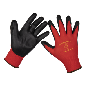 A pack of 120 pairs of large Sealey Flexi Grip Nitrile Palm Gloves, model 9125L/B120, featuring a red and black design with a nitrile-coated palm for superior grip and added abrasion resistance, designed for protection and improved performance.