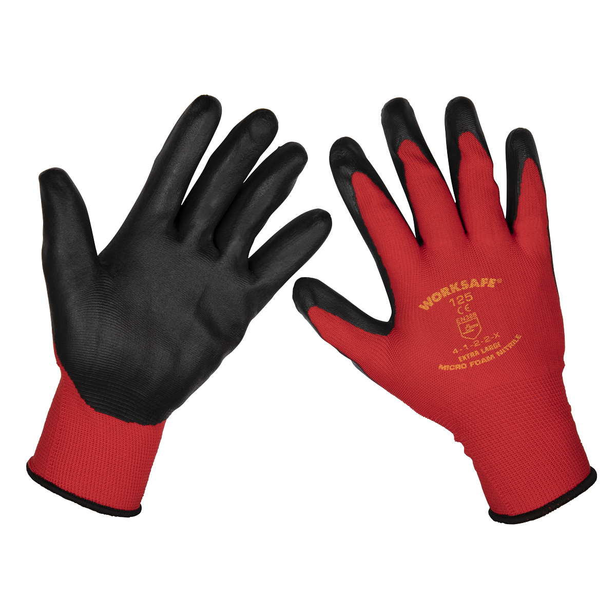 A pair of red and black Sealey Flexi Grip Nitrile Palm Gloves (X-Large), boasting superior grip and abrasion resistance, with specifications printed in yellow on the back of one glove, available in a pack of 120 pairs - 9125XL/B120.