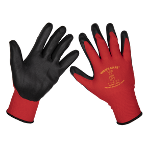 A pair of red and black Sealey Flexi Grip Nitrile Palm Gloves (X-Large), boasting superior grip and abrasion resistance, with specifications printed in yellow on the back of one glove, available in a pack of 120 pairs - 9125XL/B120.