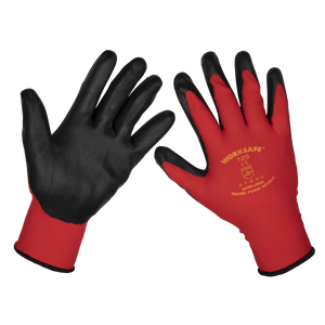 A pair of red and black Sealey Flexi Grip Nitrile Palm Gloves (X-Large), boasting superior grip and abrasion resistance, with specifications printed in yellow on the back of one glove, available in a pack of 120 pairs - 9125XL/B120.