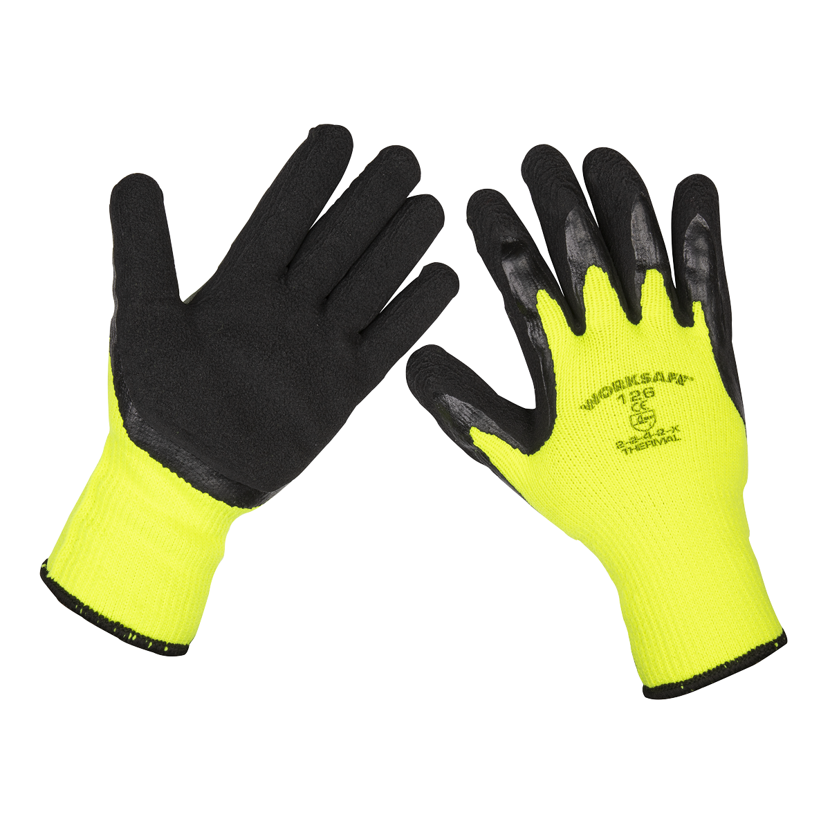 A pack of 12 pairs of Sealey Thermal Super Grip Gloves (Large) in black and yellow, with one glove displaying the palm side and the other showing the back side. Featuring a brushed terry liner for added comfort, superior grip due to its latex coating, and labeled "WORKSAFE" and "Sz 9" with a safety symbol. Product code: 9126/12.