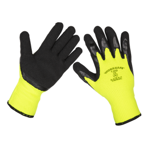 A pack of 12 pairs of Sealey Thermal Super Grip Gloves (Large) in black and yellow, with one glove displaying the palm side and the other showing the back side. Featuring a brushed terry liner for added comfort, superior grip due to its latex coating, and labeled "WORKSAFE" and "Sz 9" with a safety symbol. Product code: 9126/12.