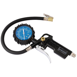 The Draper Pistol-Grip Tyre Inflator - TI1 by Draper is equipped with an attached hose and chuck, a 65mm analogue gauge with a blue dial display, and a black pistol-grip handle featuring a trigger. It also includes a clip-on connector for convenient use.