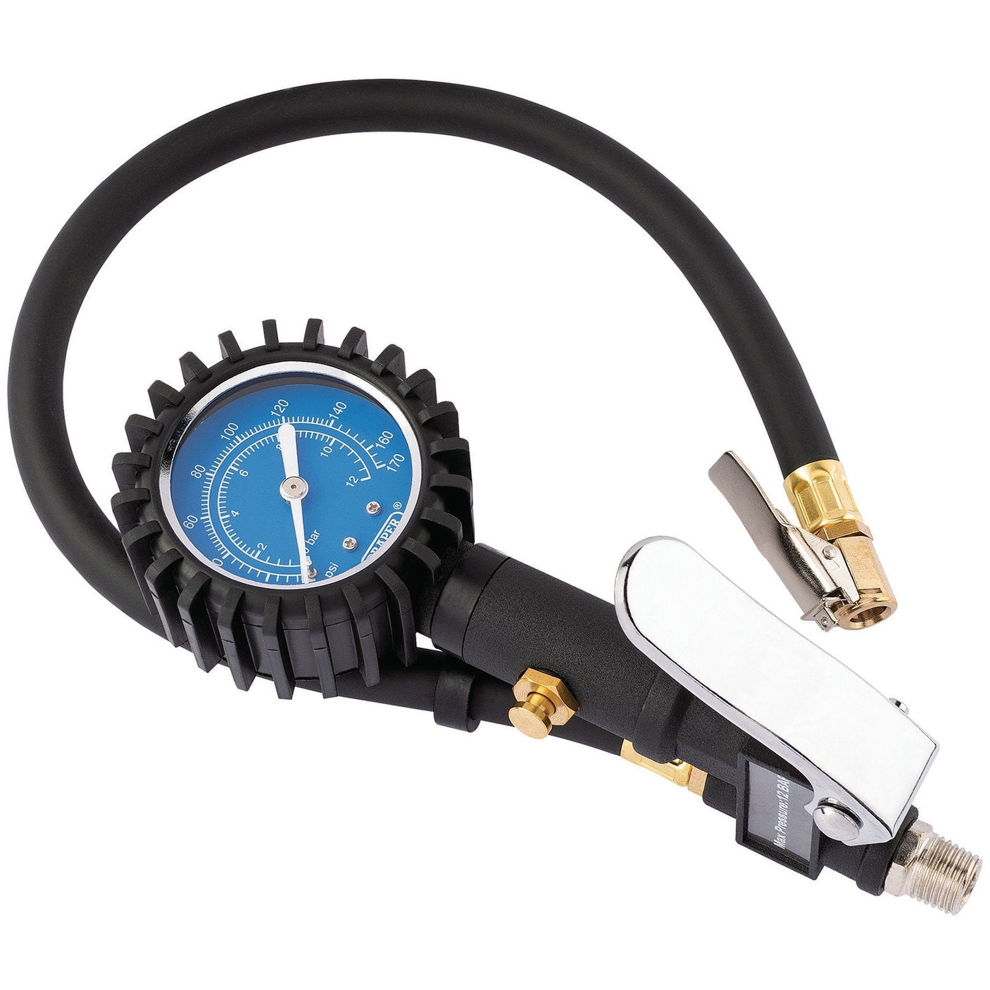 The Draper In-Line Tyre Inflator - TI3 features a black hose and blue dial, with a white needle indicator, brass components, and a silver inflation lever. This 55mm gauge is designed for added convenience.